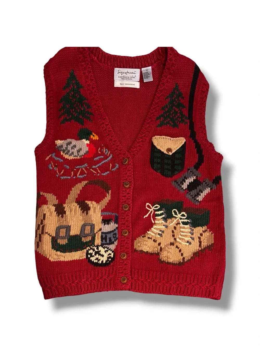 Signatures by Northern Isles Hand Embroidered Hunting Theme Knitted Vest Sz L